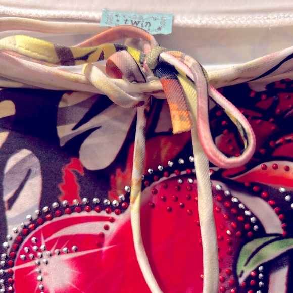 Vintage Rhinestone Studded Heart Rose Leopard Babydoll Halter Bandeau Skirt Top - Picture 6 of 6